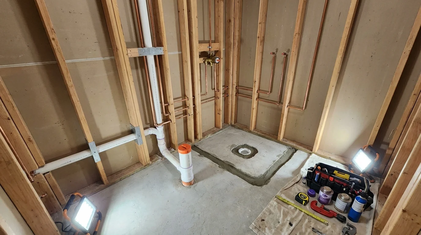 Bathroom rough-in plumbing during remodel by Johns Plumbing LLC in Mechanic Falls