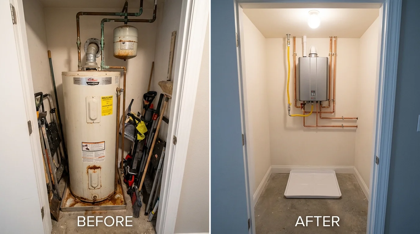 Tank water heater versus wall-mounted tankless unit comparison for Mechanic Falls, ME homeowners