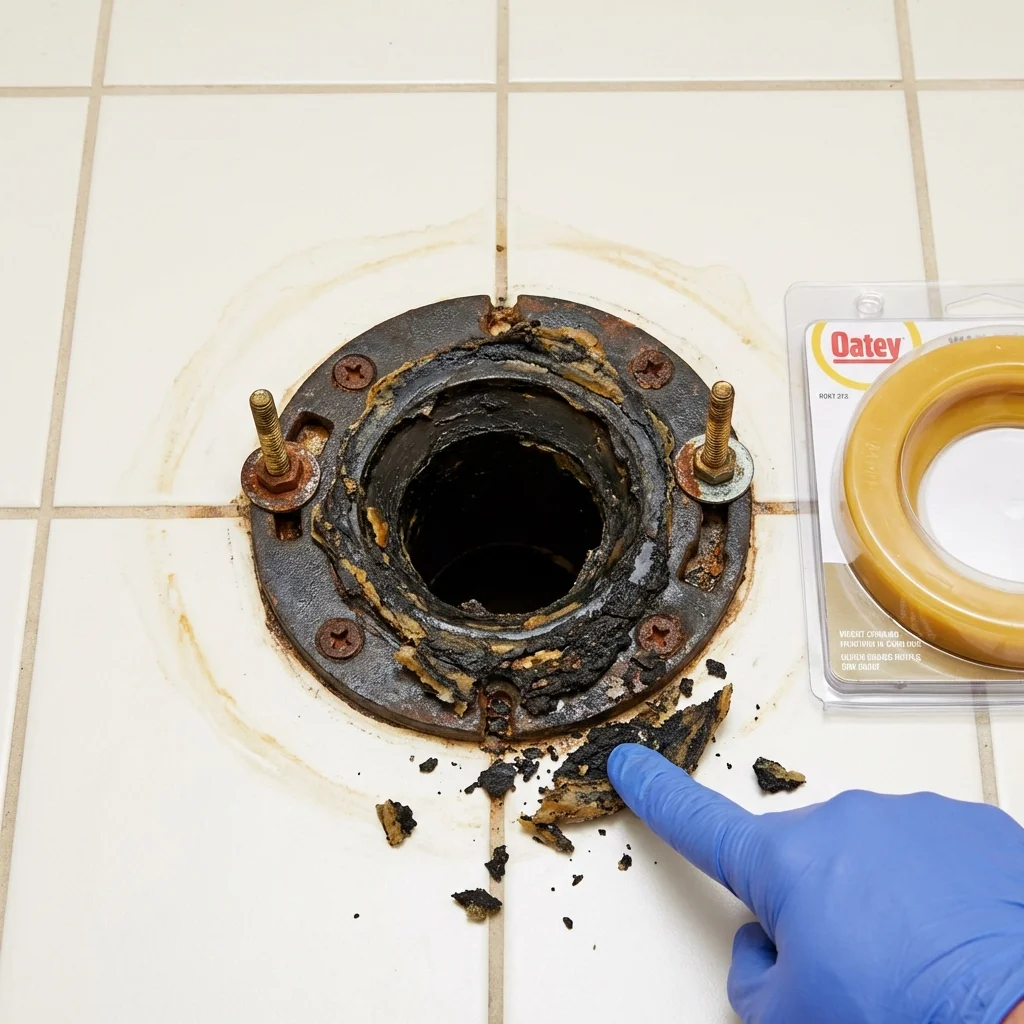 Failed wax ring showing water seepage at the base of a toilet in a Mechanic Falls, ME home