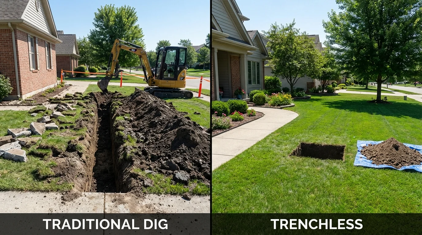 Trenchless sewer repair with minimal yard damage versus traditional excavation in Mechanic Falls, ME