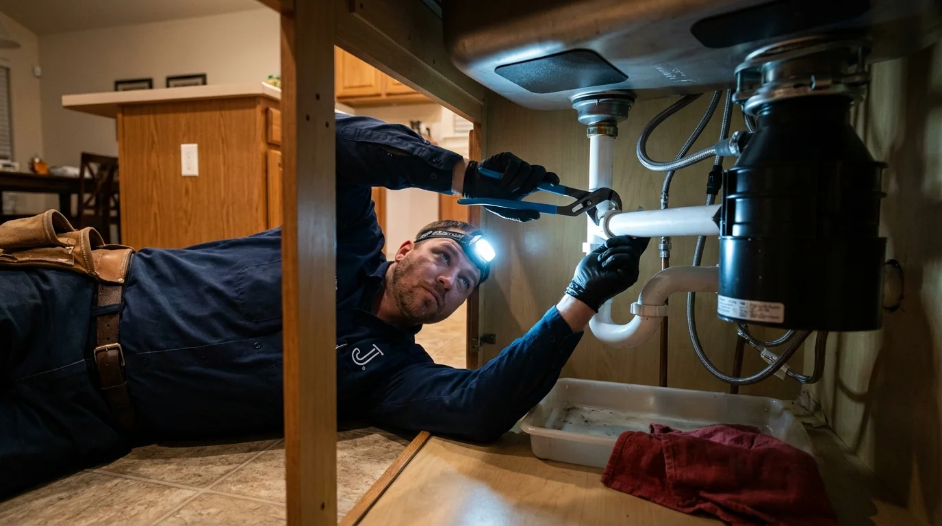 P-trap and supply line connections under a kitchen sink showing a common leak point in Mechanic Falls, ME